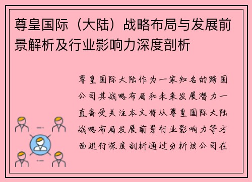 尊皇国际（大陆）战略布局与发展前景解析及行业影响力深度剖析